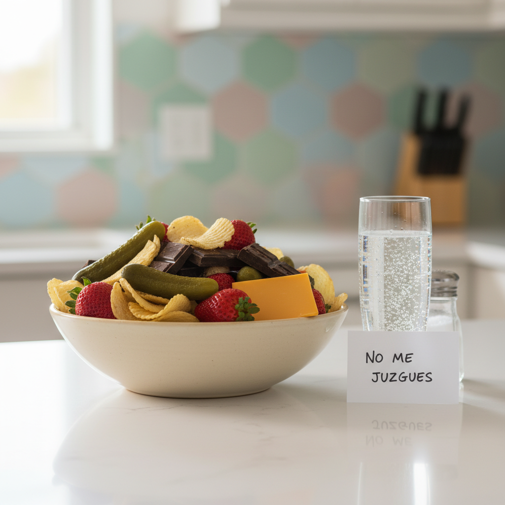 A neat, modern kitchen countertop with a single ceramic bowl overflowing with mismatched pregnancy cravings: pickles, dark chocolate squares, potato chips, strawberries, and a slice of cheese all jumbled together. Beside it, a tall glass of sparkling water with tiny bubbles catching the light and a small, humorous handwritten note that reads in Spanish something like “no me juzgues” propped against a salt shaker. The background shows blurred pastel-colored kitchen tiles. Soft, diffused afternoon light from a nearby window creates a gentle glow and subtle reflections on the counter. Photographic realism, shot at a three-quarter angle with shallow depth of field, capturing a playful, self-aware, slightly absurd mood about the realities of pregnancy.
